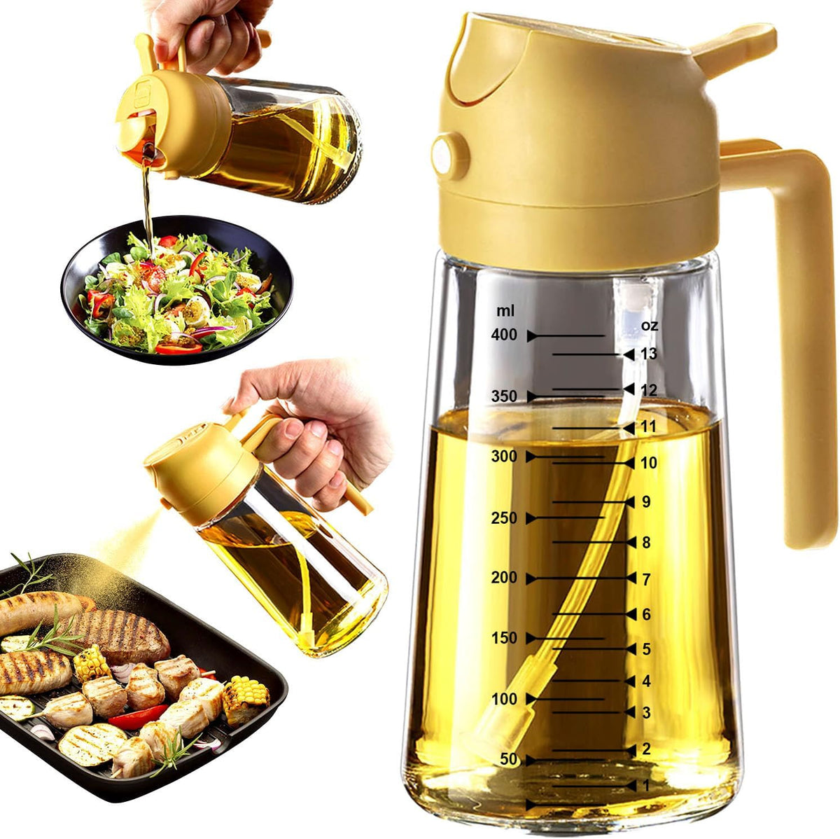 TrendPlain 16oz/470ml Glass Olive Oil Sprayer for Cooking – 2 in 1 Olive Oil Dispenser Bottle for Kitchen Gadgets and Air Fryer Accessories, Salad, BBQ - Black