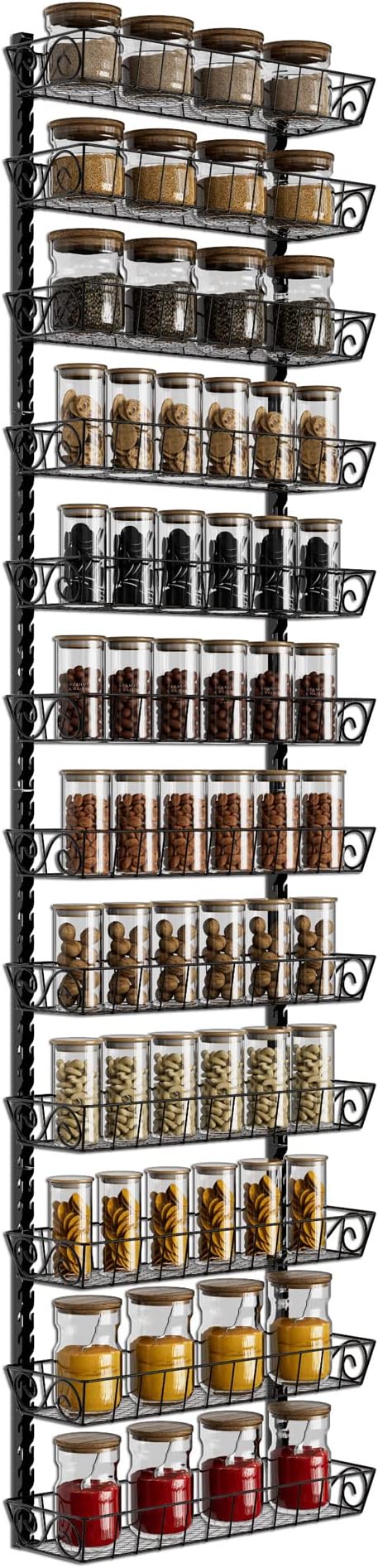 SWOMMOLY Adjustable Wall Mount Spice Rack Organizer, 12-Tier Dual-use (Multi-use) Hanging Spice Shelf Storage for Kitchen Pantry Cabinet Door, Seasoning Holder Organizer, Black