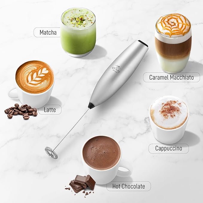 Zulay Kitchen Handheld Milk Frother with Duracell AA Batteries – Ultra Fast Electric Mixer & Foam Maker, Easy-Clean Drink Mixer for Coffee & More - Silver Black