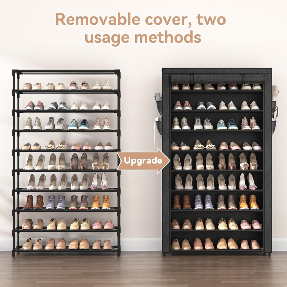 Shoe Rack with Covers - 10 Tiers Tall Shoe Rack Organizer Large Capacity Shoe Shelf Storage 40 Pairs Space Saving Vertical Shoe Storage Organizer for Closet, Entryway, Dorm, Bedroom