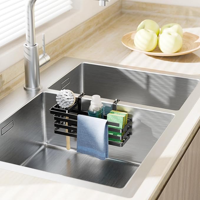 NiHome Sponge Holder for Kitchen Sink, Over Sink Divider Caddy for Double Sinks, Multi-Compartment Storage Organizer for Sponge, Brush & Stopper, L-Shaped Hooks, Adjustable Fast Drainage