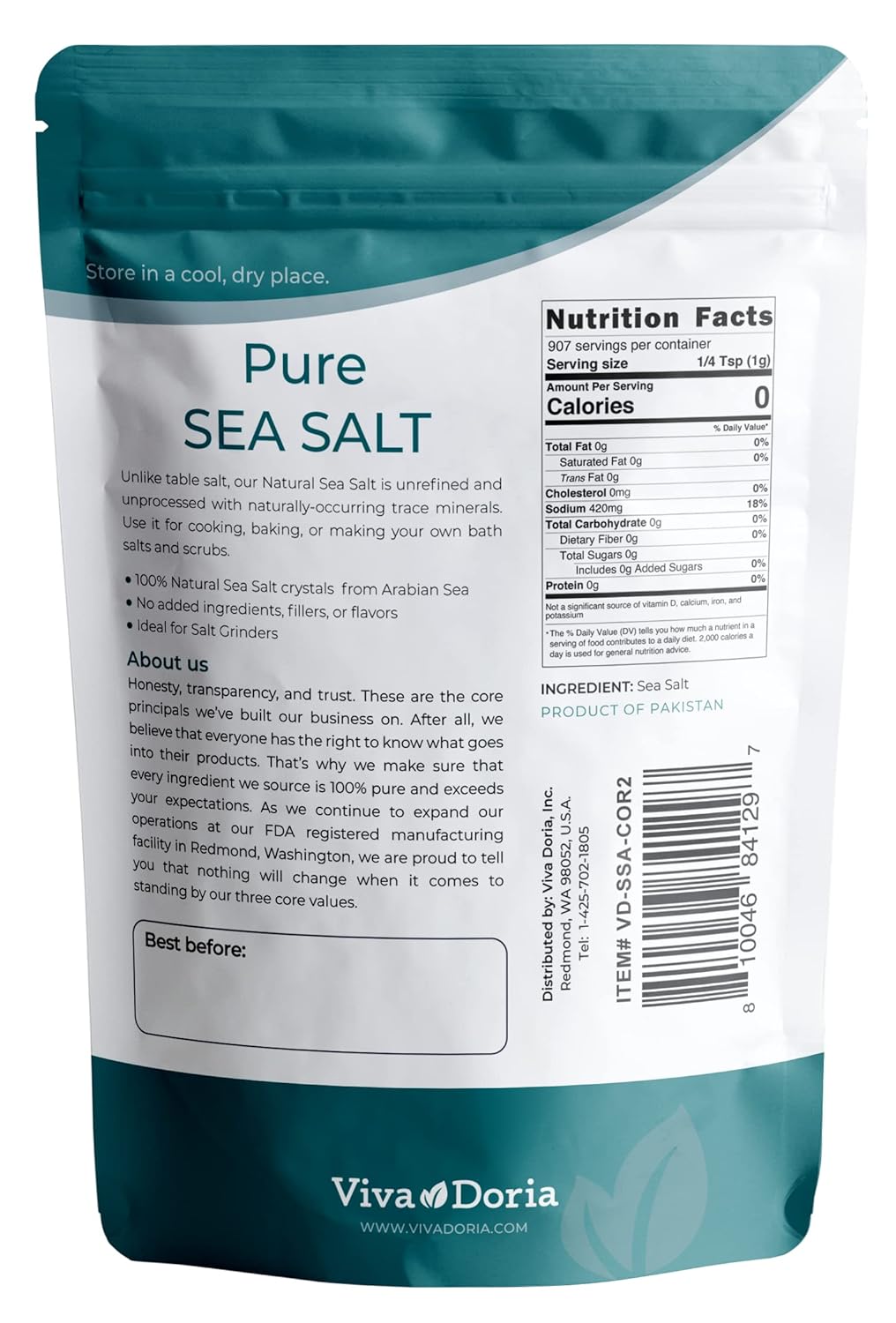 Viva Doria Pure Sea Salt, Coarse Grain, 2 lb | Ideal For Salt Grinders