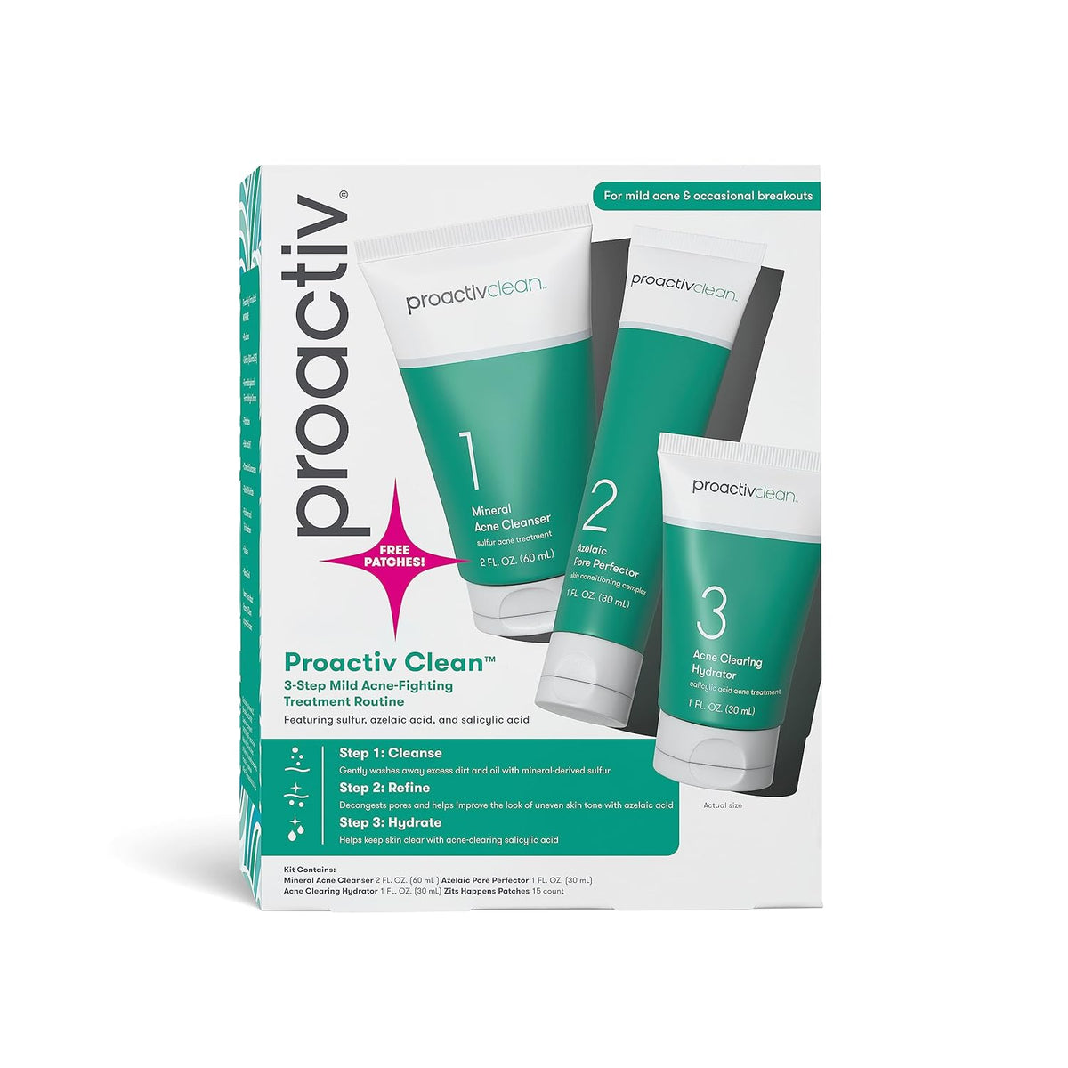 Proactiv Clean 3 Step Acne Routine w/ Pimple Patches- Sulfur Acne Treatment Cleanser, Azelaic Acid Serum, and Facial Moisturizer for Sensitive, Acne-Prone Skin- 30 Day Acne Kit with Pimple Patches