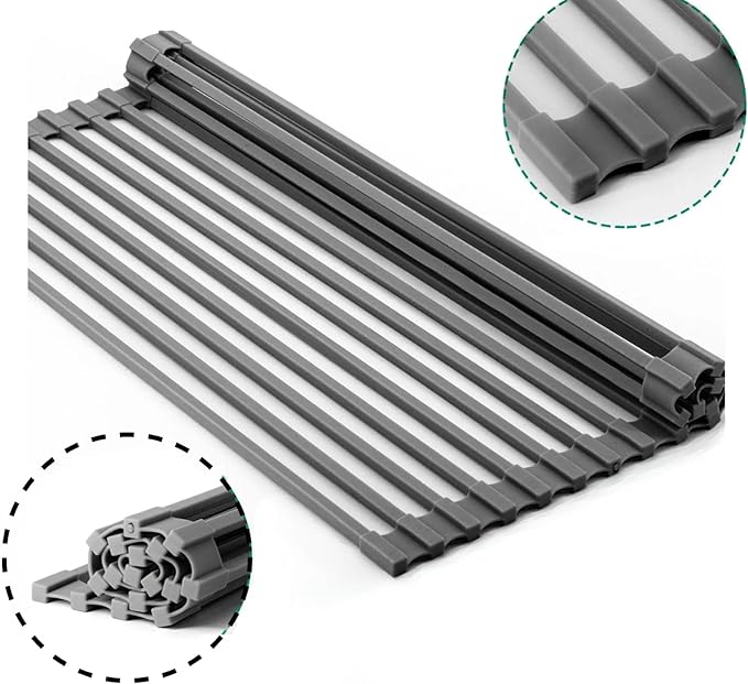 Dowell Over The Sink Roll-Up Dish Drying Rack Silicone Wrap, 17 Rods Dishwasher Safe, Food Safe, Heat Resistant, Foldable, Space-Saving, Multi-Purpose Sink Organizer for Any Surface