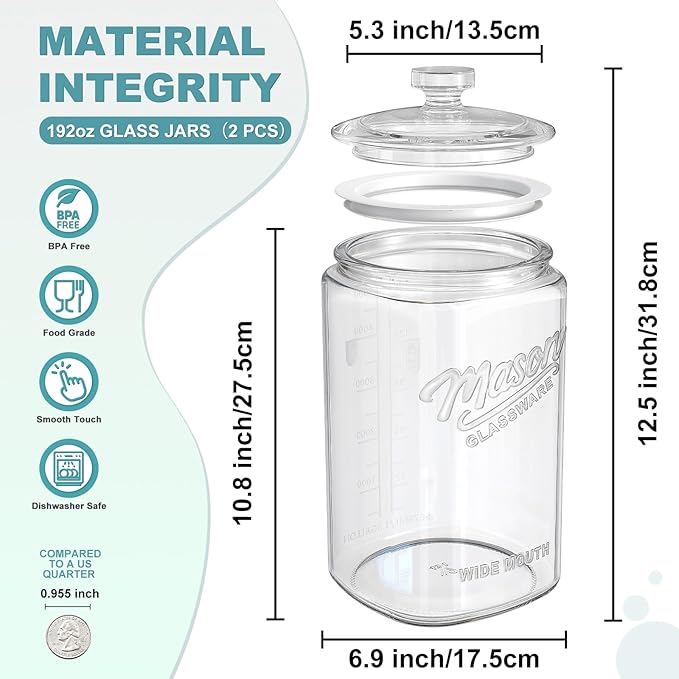 Ritayedet 1.5 Gallon Glass Cookie Jars 2 Packs, Large Flour Sugar Container with Lid for Candy, Flour, Sugar, Coffee, Wide Mouth Mason Jar with Scale Marking for Sourdough Starter, Dog Treat Jar