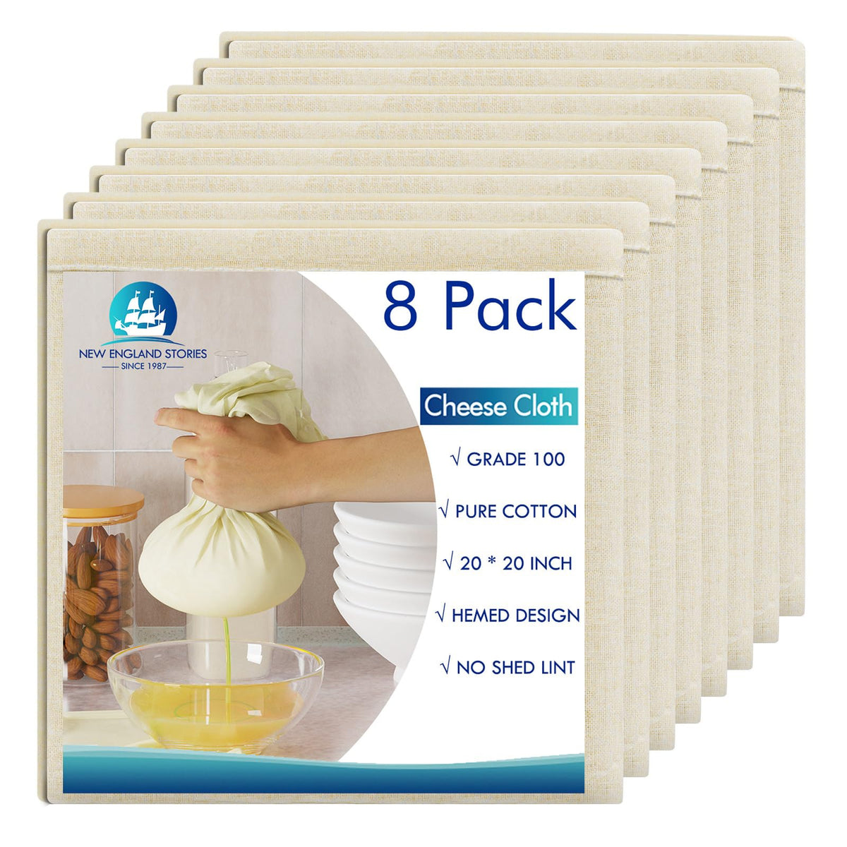 8 PCS Reusable Cheesecloth, Grade 100, 20x20 Inch Hemmed Cheese Cloth for Straining Craft, 100% Cotton Unbleached Cloth Strainer for Cooking, Baking, Juicing, Cheese Making
