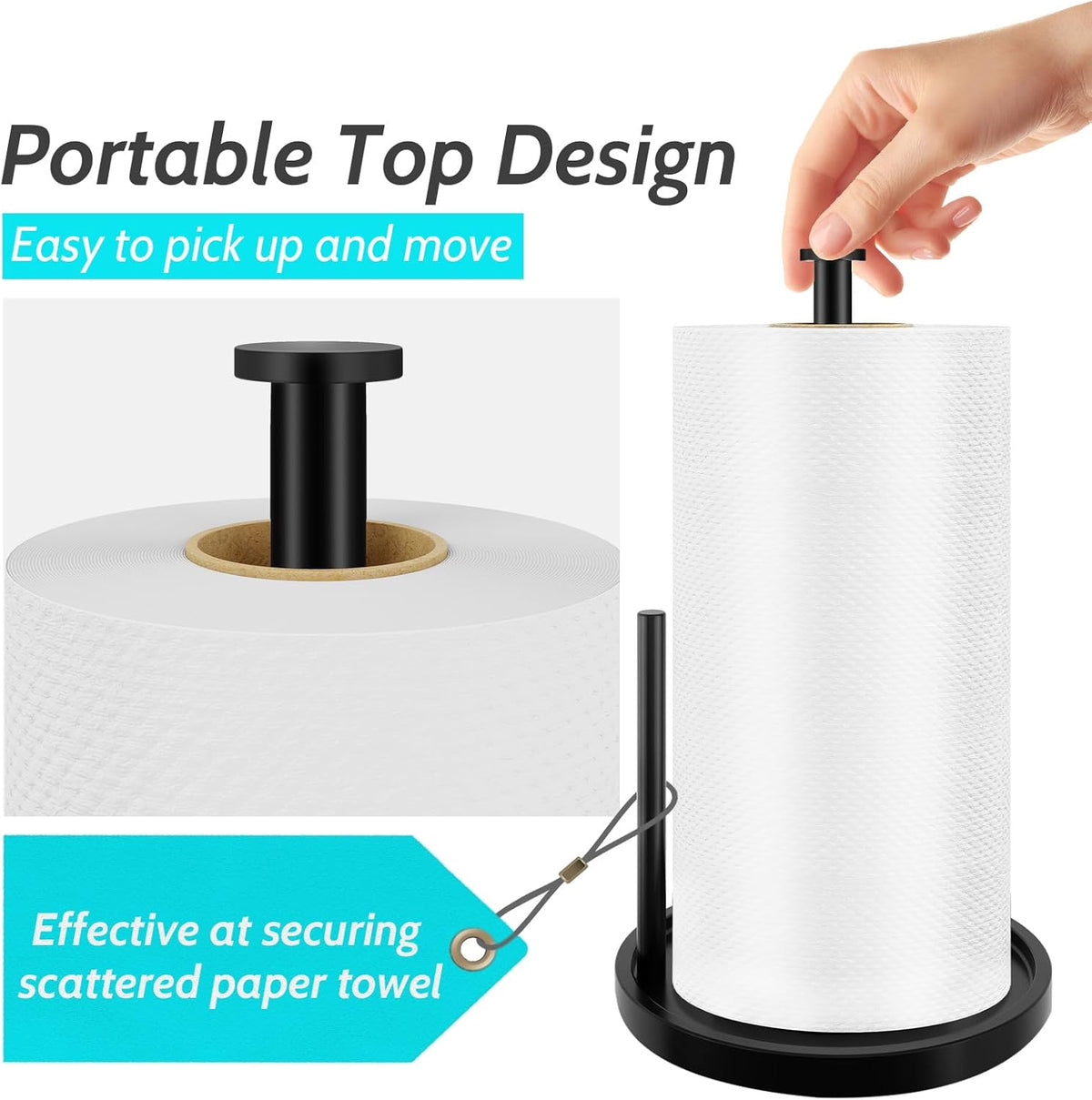 Paper Towel Holder Countertop, Standing Paper Roll Holder with Anti Slip Weighted Base, Stainless Steel Freestanding Paper Towel Holder for Kitchen, Black