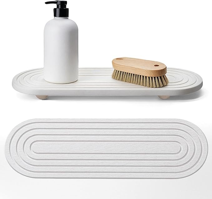 Instant Dry Sink Caddy Organizer, Fast Drying Sink Caddy, Water Absorbing Stone Sponge Holder for Kitchen and Bathroom Countertop with Natural Loofah and Wooden Feet
