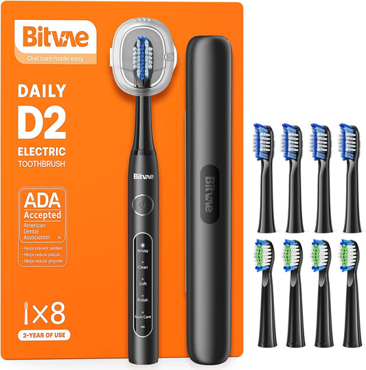 Bitvae ADA Accepted Electric Toothbrush, Travel Toothbrush Rechargeable for Adults and Kids, 60-Day Battery, 5 Modes, 8 Heads, Portable Travel Case & Holder, Shadow Black