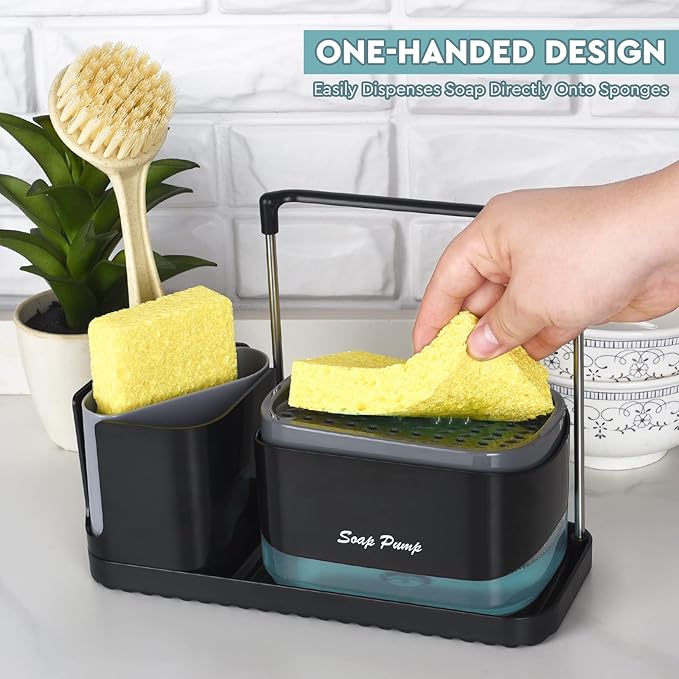 Bestseek Kitchen Soap Dispenser Set with Tray and Sponge Holder, Sink Caddy Organizer with Dishcloth and Dish Brush Holder, for Countertop Storage Organize - Practical Kitchen Gadgets