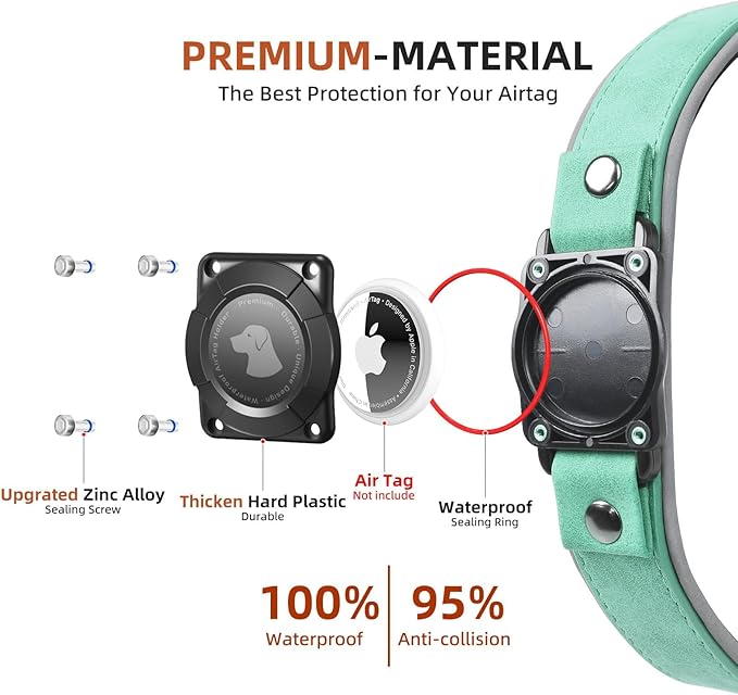 AirTag Dog Collar - Leather Dog Collar with Air Tag Holder | IPX8 Waterproof, Reflective, High - End, Adjustable Soft Padded | Dog GPS Tracker Collars Fit for Medium Large Dogs (Teal, M)