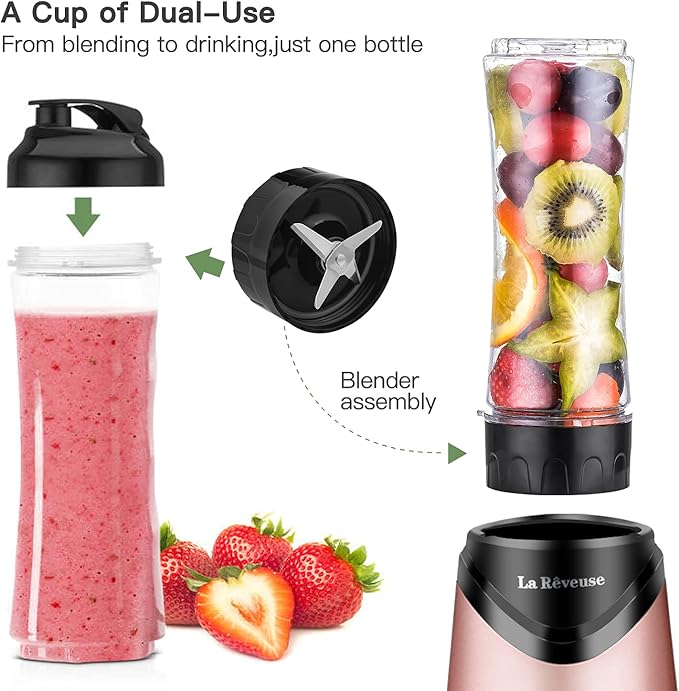 La Reveuse Smoothie Blender Personal Size 300 Watts with 2 Pieces 18 oz BPA-free Travel Sports Bottles,Pink