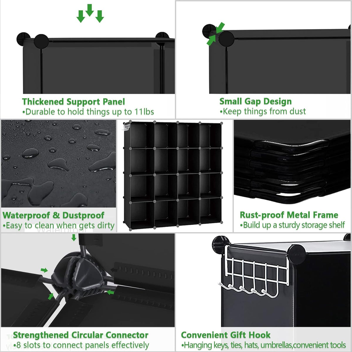 C&AHOME Cube Storage Organizer, 16-Cube Shelves Units, Plastic Storage Cubes, DIY Closet Organizer, Modular Closet Storage Shelves Ideal for Home, Bedroom, 48.4" L × 12.4" W × 48.4" H Black SUM3016H