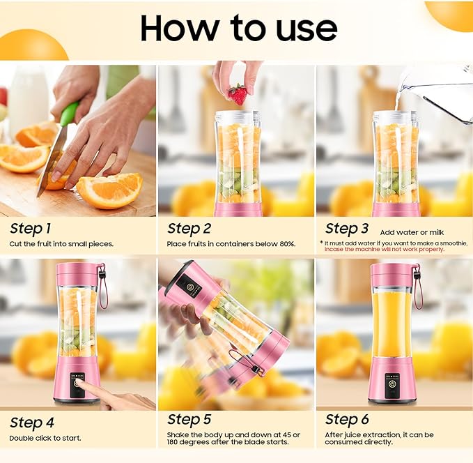 Cordless Portable Personal Size Blender - 12 Oz Mini Blender Make Smoothies and Shakes, Cordless Lightweight Rechargeable, Freshly Squeezed in Picnic/Sports/Office