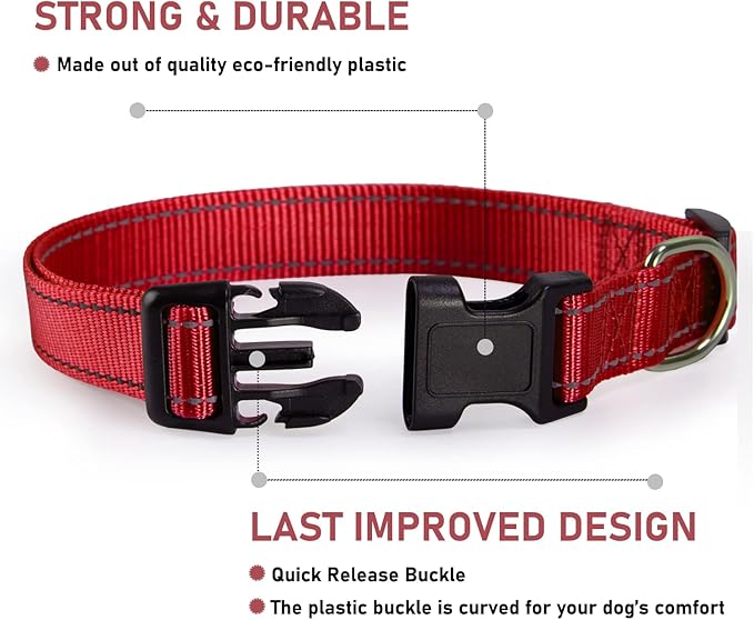 Reflective Dog Collar with Buckle Adjustable Safety Nylon Collars for Small Medium Large Dogs, Red L