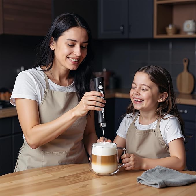 FoodVille MF02 Rechargeable Milk Frother Handheld Foam Maker with Stainless Whisk for Cappuccino, Latte, Bulletproof Coffee, Keto Diet, Protein Powder, Matcha (Dark Black)
