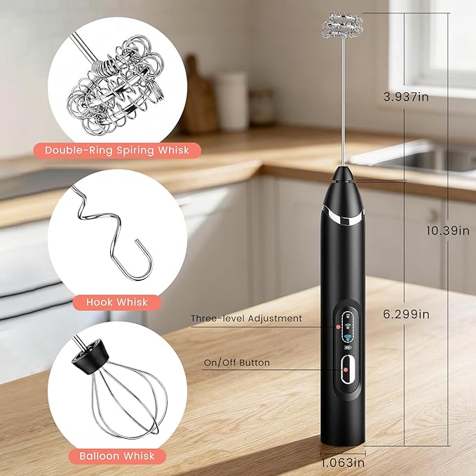 Handheld Milk Frother with Travel Case - Portable USB Rechargeable Mini Whisk for Coffee, Latte. Includes 3 whisks, storage, perfect for frothing milk, beating eggs, and blending drinks.
