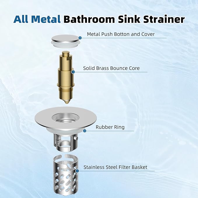 iFealClear All Metal Bathroom Sink Stopper, Pop Up Sink Drain Strainer with Removable Stainless Steel Filter Basket, Universal for 1.1"-2.36" US Sink, Brass Bounce Core, Hair Catcher, Brushed Nickel
