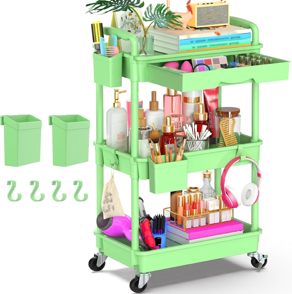 Goovilla 3 Tier Rolling Utility Cart Organizer with Removable Drawer, Stable and Sturdy Black Rolling Storage Carts with 2 Lockable Wheels for Bathroom, Kitchen, Snack, Craft, Makeup, Baby Essentials
