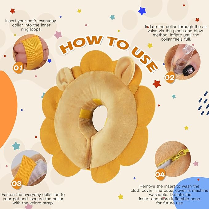 IEUUMLER Inflatable Recovery Dog Collar, Protective Donut Cone, Adjustable Soft Collar for Dog and Cat After Surgery Prevent from Biting & Scratching EU002 - Brown Lion L+
