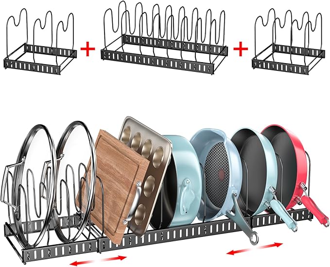 X-cosrack 15 Adjustable Dividers Pot and Pan Organizer Rack, 7" D x 32" W x 7.1" H, 3 in 1, Expandable Lid Bakeware Cupboard Rack Holder for Kitchen Cabinet Pantry Countertop, Black (Patent Pending)