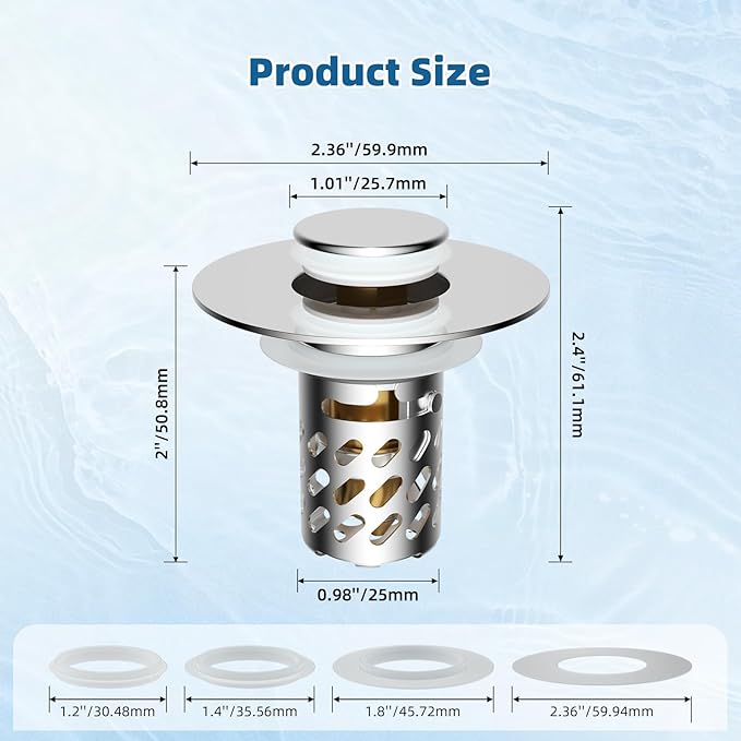 iFealClear 4 Pack All Metal Bathroom Sink Stopper, Pop Up Sink Drain Strainer with Removable Stainless Steel Filter Basket, Universal for 1.1"-2.36" Sink, Brass Bounce Core, Hair Catcher, Chrome