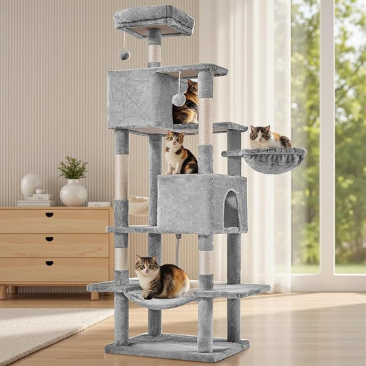 Large Cat Tree 66 Inch, Multi-Level Tall Cat Tree Tower with Condo, Perches, Sisal Scratching Posts and Hammock, Pet Play House with Dangling Balls for Indoor Cats, Light Grey
