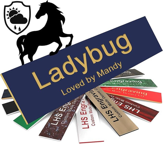 Personalized Horse Stall Name Plates, 2x8 Horse Stall Signs with Adhesive, All Weather UV Protected, Navy Blue Plastic with Gold Letters - Made in USA - B10