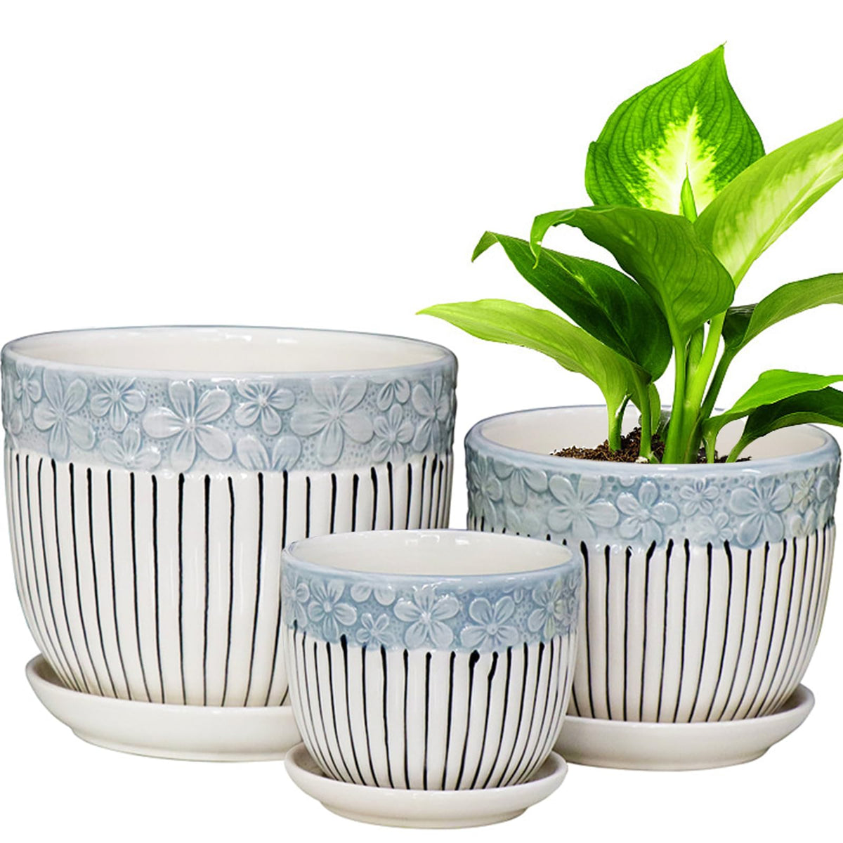 Ceramic Plant Pots Set of 3, 6.75/5.6/4.2 inch Planters with Drainage Holes and Saucer, Flower Pot Outdoor Indoor, Modern Decorative Planters for House Plants Garden Planters Succulent Pots