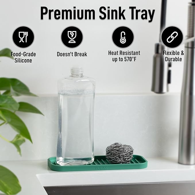 Zulay Kitchen (9x3.5) Silicone Sponge Holder for Kitchen Sink - Flexible Multipurpose Soap Tray - Sink Organizer for Kitchen, Bathroom, Makeup, Trinkets & More (Pine Green)