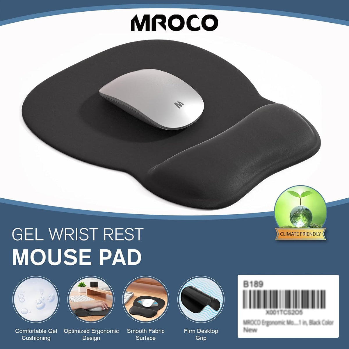 MROCO Ergonomic Mouse Pad with Gel Wrist Rest, Comfortable Mousepad with Smooth Wrist Support Surface and Non-Slip PU Base for Pain Relief, Computer, Laptop, Office & Home, 9.4 x 8.1 in, Black Color