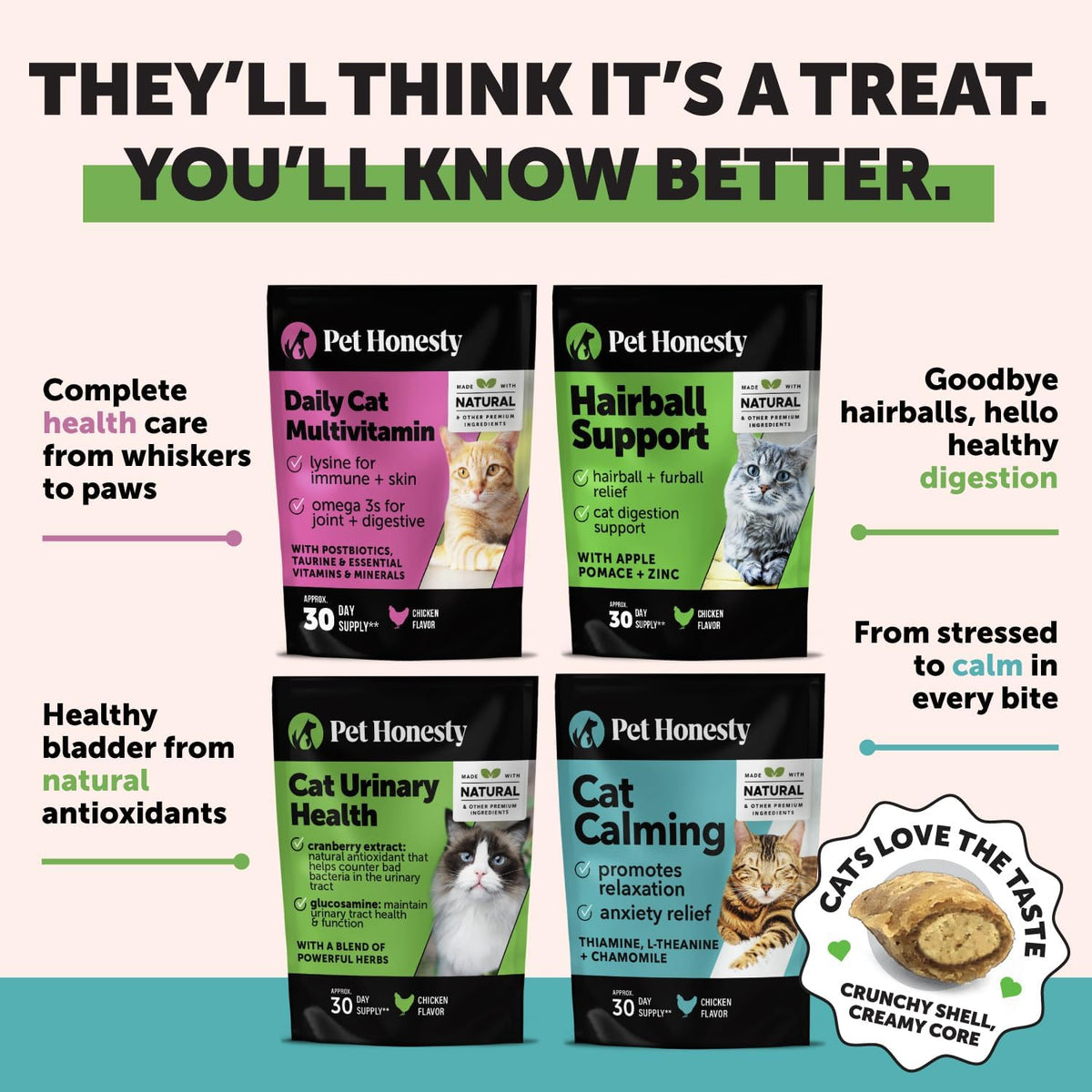 Cat Multivitamin Crunchy & Creamy Chews - Cat Treats for Health + Immune, Joint Support, Skin & Coat, & Digestion - Vitamins with Omega 3s, Lysine & Probiotics (30 Day Supply)