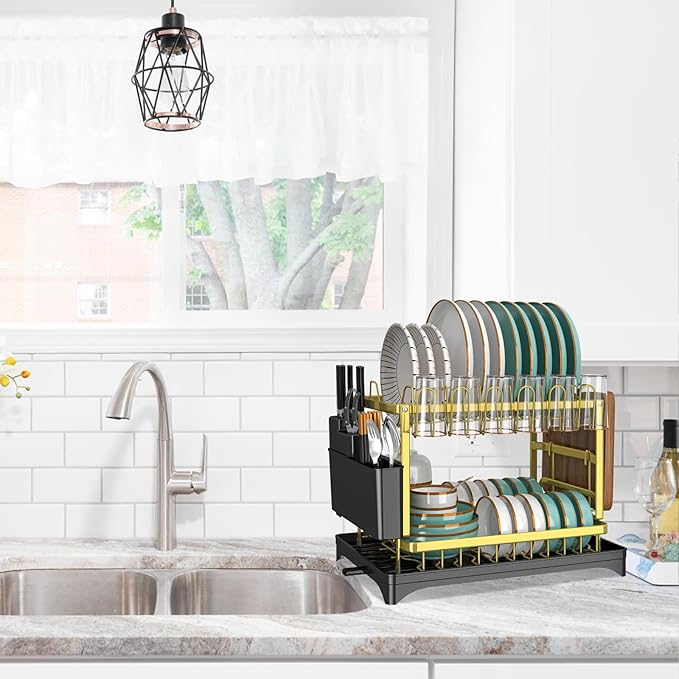 Dish Drying Rack Gold, Multifunctional Dish Racks for Kitchen Counter with Drainboard 2 Tier Dish Drainer Large Capacity for Knifes/Cup/Cutting Board