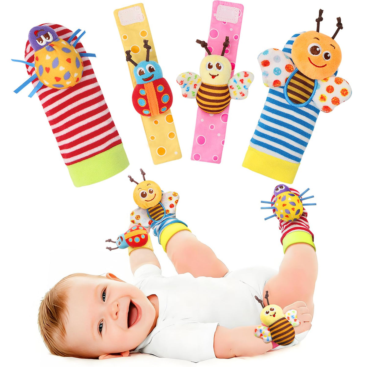Bloobloomax Wrist Rattle Socks and Foot Finder Set, Infant Girl Boy Toys for Babies 0-36 Months, Newborn Hand & Foot Toys for 0 to 3 Years, Baby Shower Gifts Set (Red Gift Box)