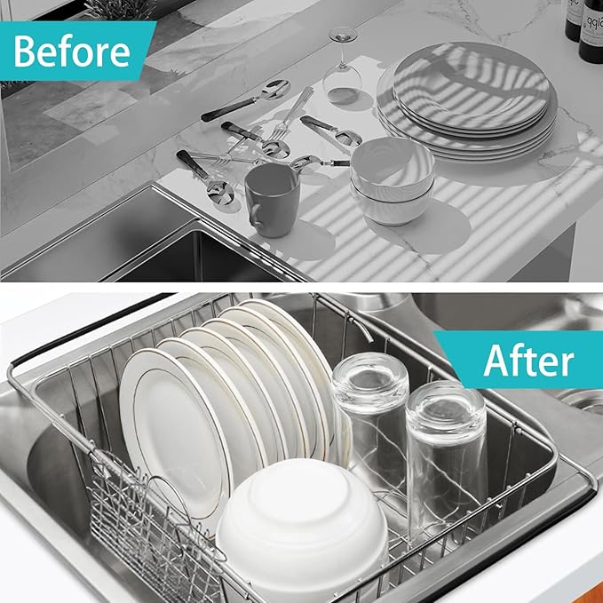 Sink Dish Drainer Rack, Expandable 304 Stainless Steel Dish Drying Rack Organizer with Stainless Steel Utensil Rack, Adjustable 14.96" to 20.59" Inside The Sink (up to 7 Upright Utensils).