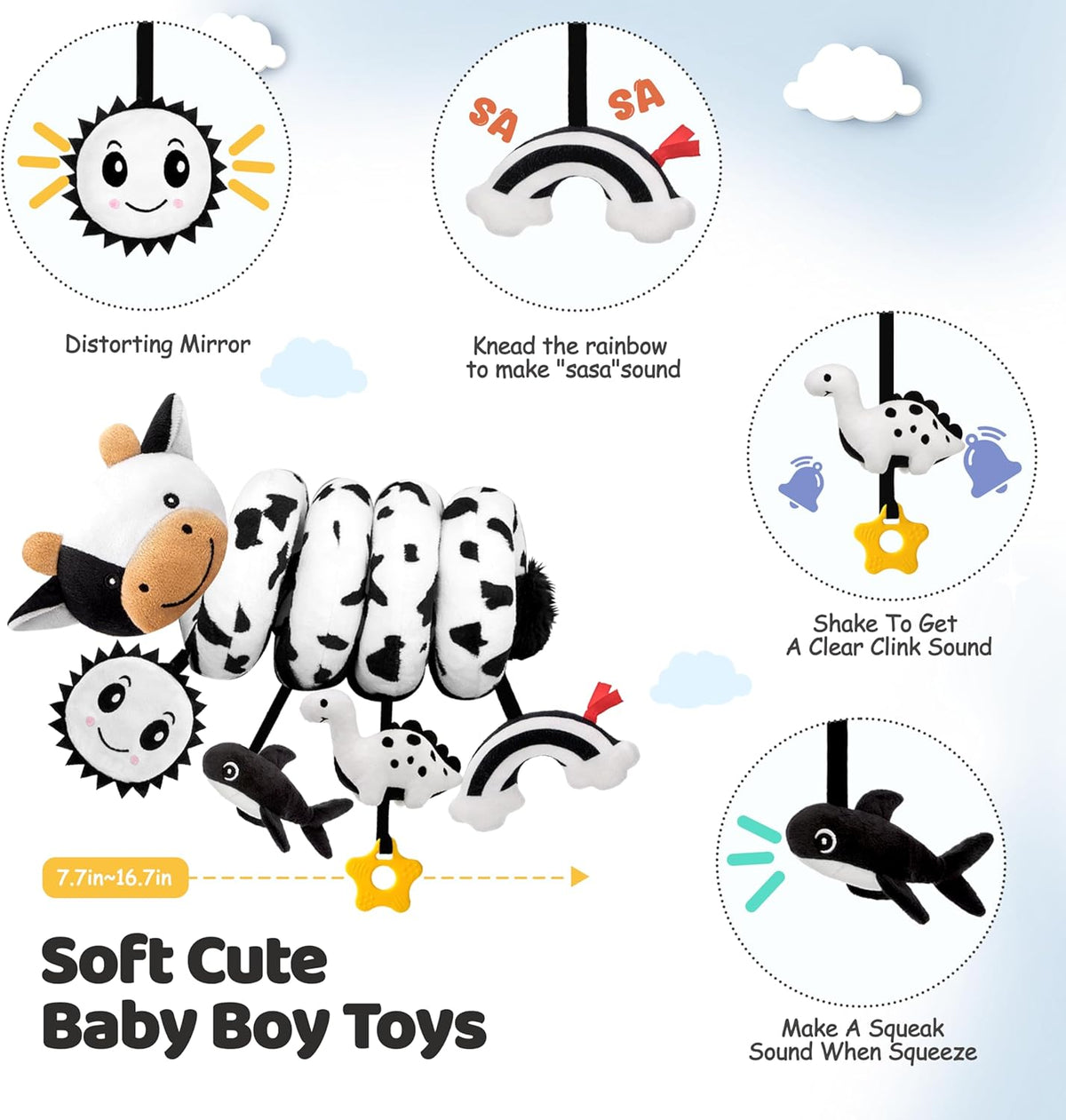 Spiral Car Seat Baby Toys 0-6 Months, Infant Carseat High Contrast Sensory Toys Hanging Stroller Accessories, Newborn Shower Gifts for Baby Boys Essentials Stuff, Cute Black and White Cow