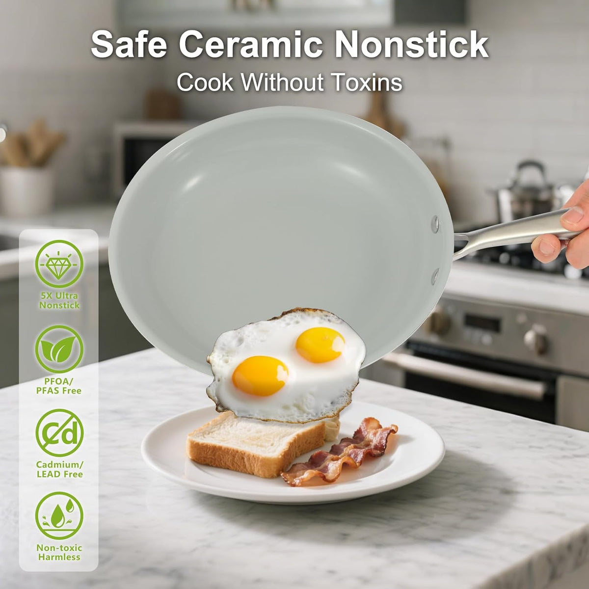 5PC Induction Cookware Set with Tempered Glass Lids, Ultra Nonstick Pots and Pans Set with Stainless Steel Handle, Oven Safe and Dishwasher Safe, Non Toxic & Ceramic Cooking Set, Cream White