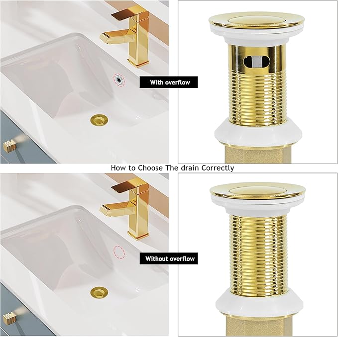 Bathroom Sink Drain,Drain Stopper Gold Stainless Steel Bathroom Sink Without Overflow,Small Cap Pop Up Drain Assembly with Detachable Strainer Basket,Built-in Anti-Clogging