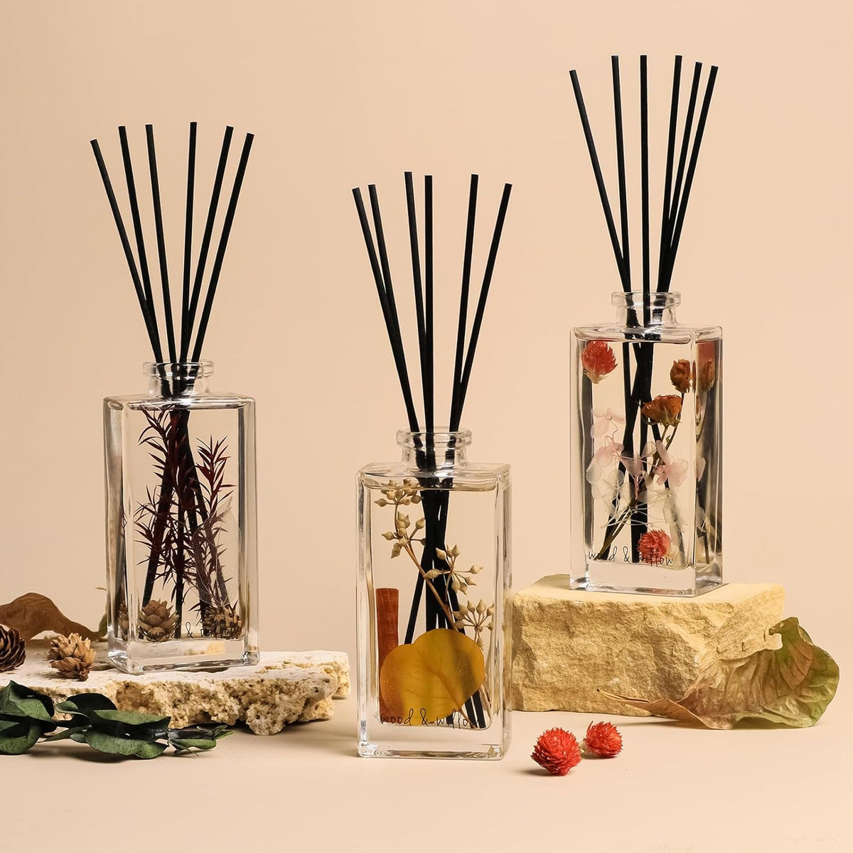 Wood & Willow Reed Diffuser Set with Dried Flowers, 5 fl. oz., Long-Lasting Home Fragrance - Wild Rose & Oud, Red Berry & Oak, Bergamot & Amber, Decorative Floral Design (Bergamot & Amber)