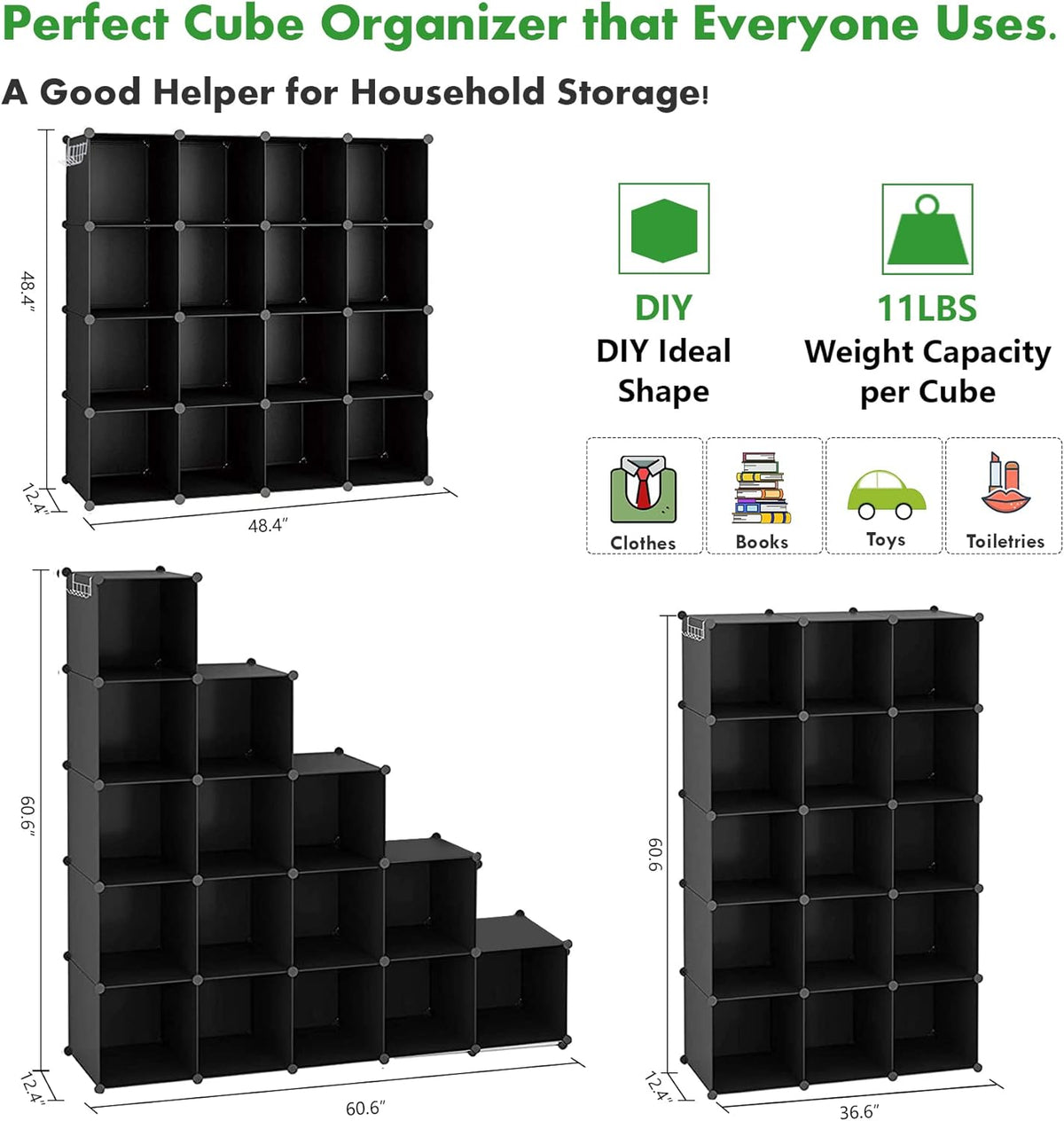 C&AHOME Cube Storage Organizer, 16-Cube Shelves Units, Plastic Storage Cubes, DIY Closet Organizer, Modular Closet Storage Shelves Ideal for Home, Bedroom, 48.4" L × 12.4" W × 48.4" H Black SUM3016H