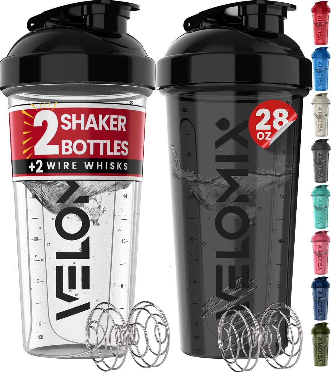 VELOMIX -2 Pack- 28 oz Protein Shaker Bottles for Protein Mixes - 2x Wire Whisk | Leak Proof Shaker Cups for Protein Shakes | Protein Shaker Bottle Pack (Black/Transparent)