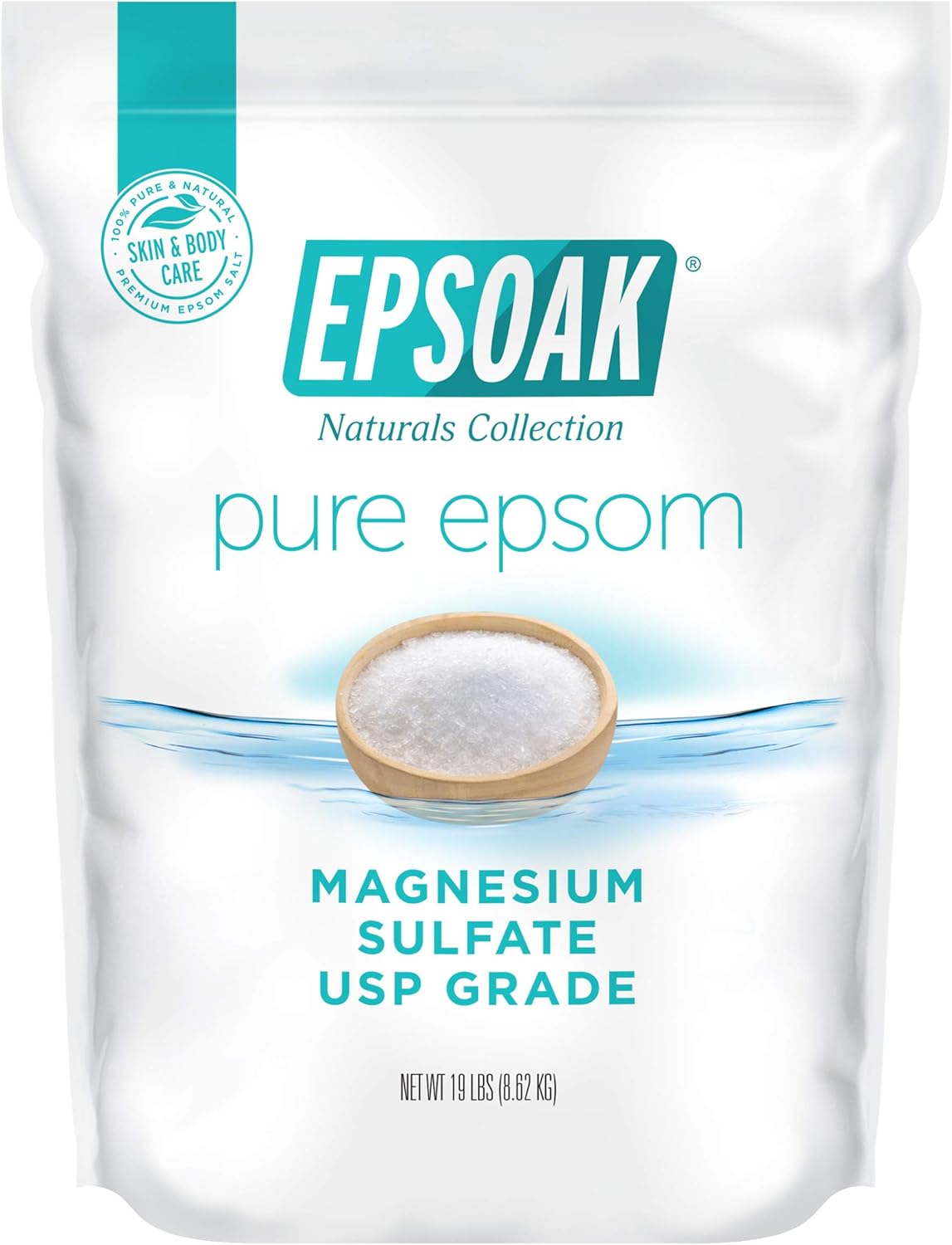 Epsoak Epsom Salt 19 lb. Magnesium Sulfate USP, Resealable Epsom Salt Bulk Bags Unscented, Made in The USA, Cruelty-Free Certified