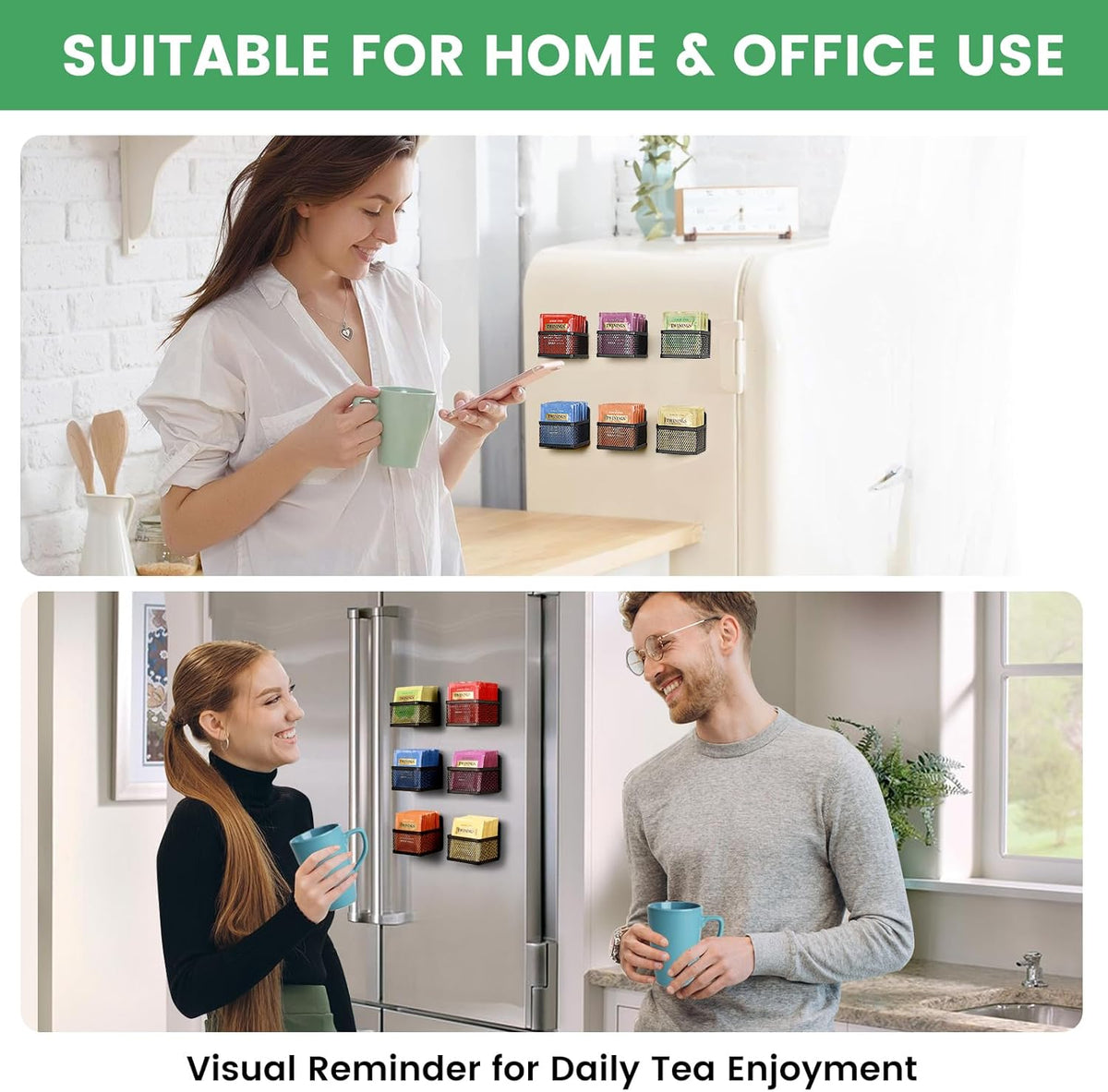 Magnetic Tea Bag Organizer - 6-Piece Metal Tea Organizer for Refrigerator, Kitchen Shelf and Counter, Stylish & Space Saving Tea Organizers and Storage