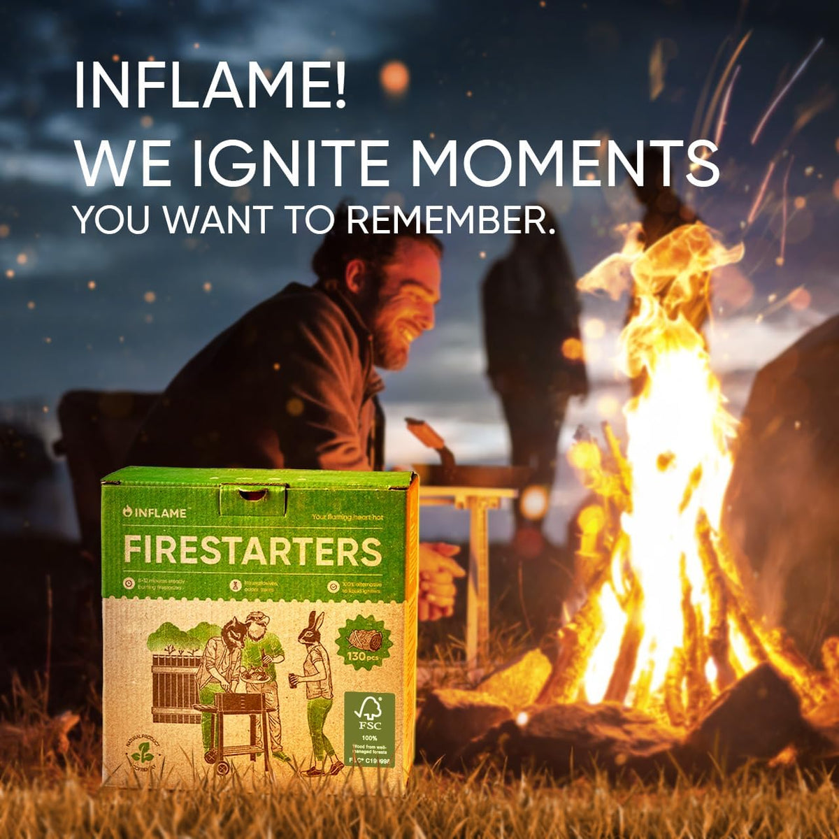 Inflame Fire Starters 130 pcs Fire Starters for Campfires, Grill, BBQ, Fireplace, Woodstove - Charcoal Starter - Waterproof, Weather-Resistant - Natural Wood Fireplace Starters