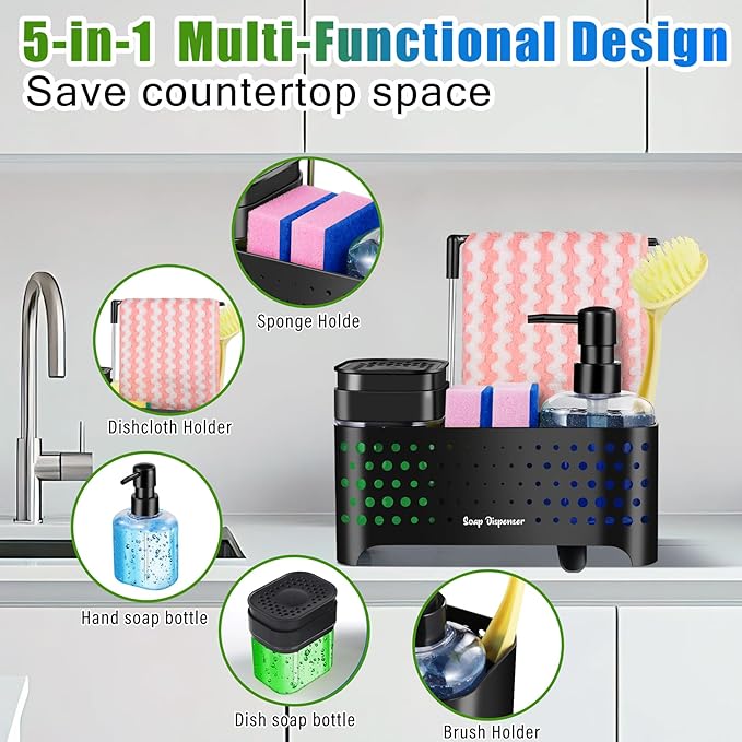 Kitchen Soap Dispenser Set, Sponge Holder for Kitchen Sink, Hand and Dish Soap Dispenser with Sink Caddy - 5-in-1 Design, Non-Slip Drainage Water Kitchen Sink Organizer (Black)