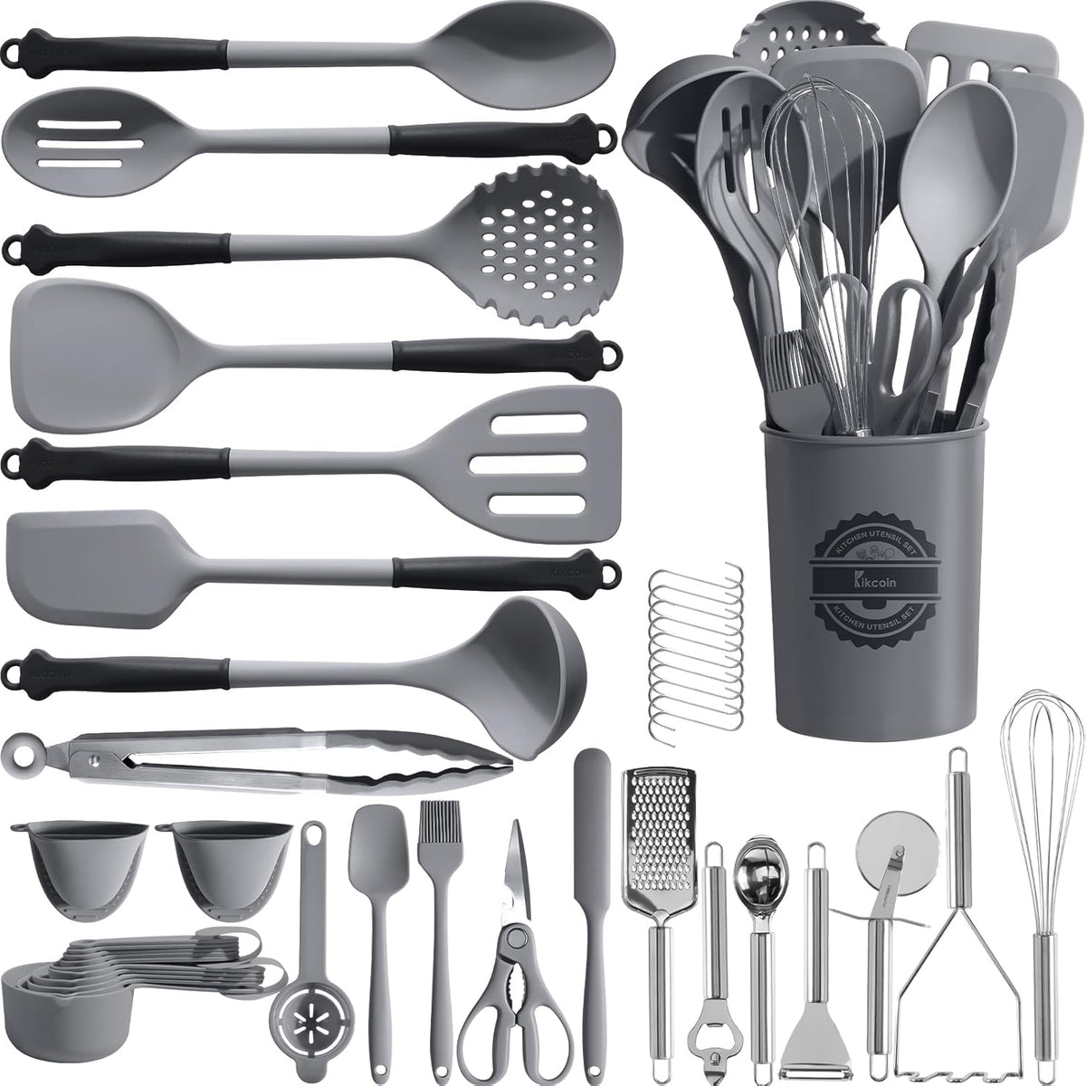 Kikcoin 43Pcs Large Kitchen Utensils Set - Silicone Cooking Utensils Set, Dishwasher Safe Spatula Set for Non-stick Cookware, 446°F Heat Resistant Kitchen Utensils Set with Holder BPA Free, Grey