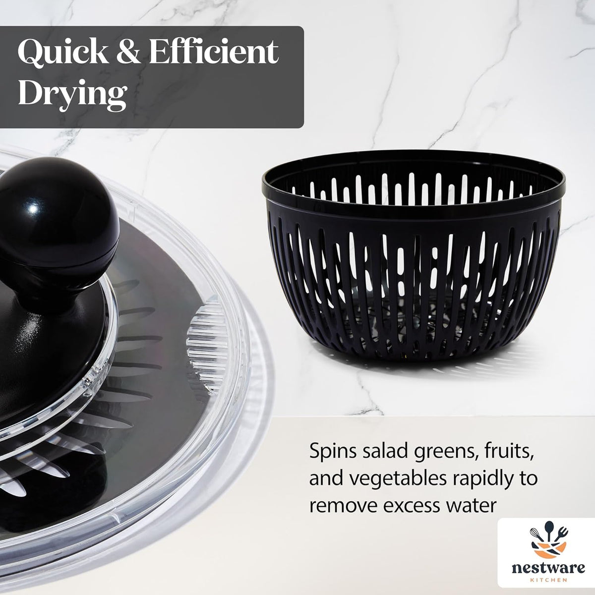 Nestware Kitchen Stainless Steel Salad Spinner, Lettuce, Vegetable & Fruit Dryer, 5L Capacity, Non-Slip Base (304 Stainless Steel - Black)