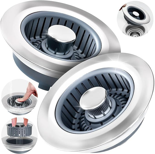 Kitchen Sink Drain Strainer - 2Pack Sink Stopper, Drain Protector, Kitchen Drain Plug & Sink Installation Parts with Anti-Clogging Basket, Fit US Standard 3-1/2'' Sink Drain Hole, Silver