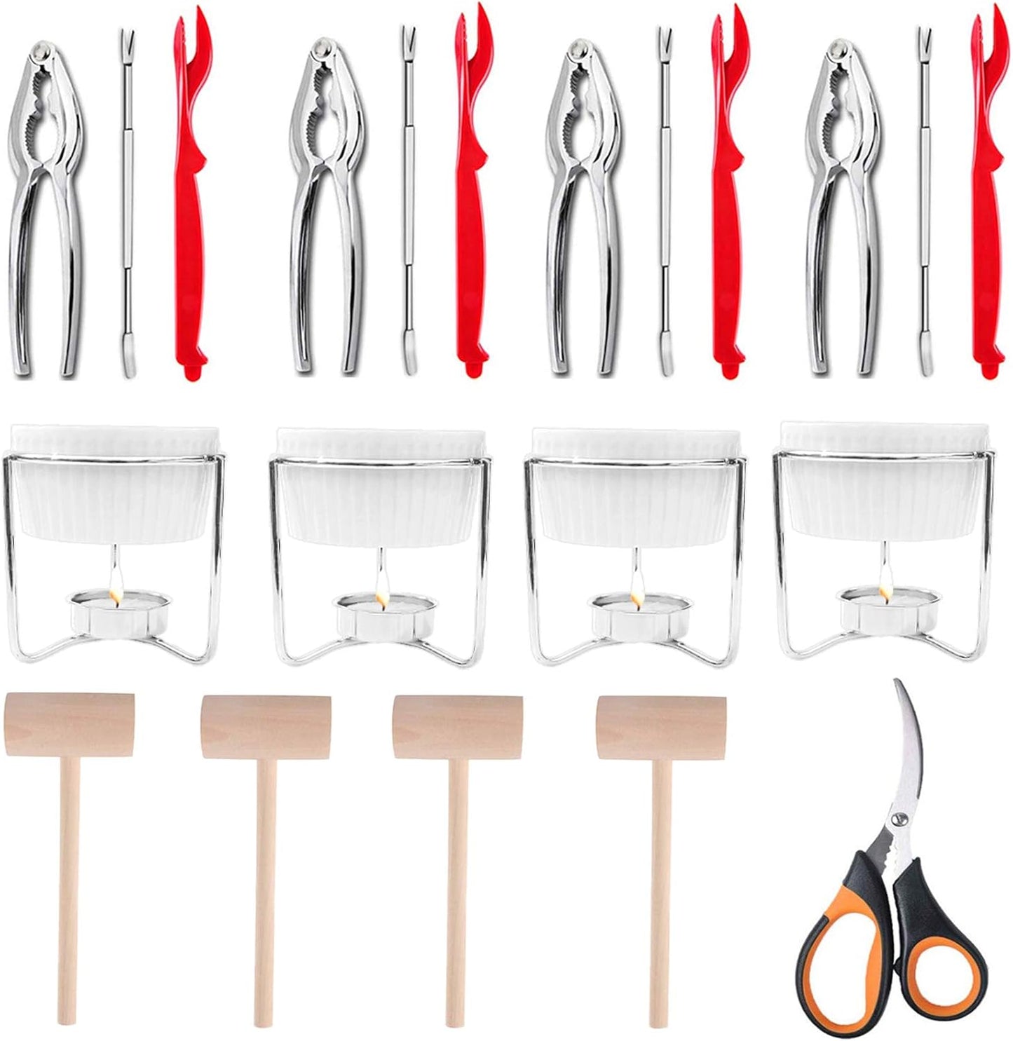 Artcome 21 Pcs Seafood Tools Set includes 4 Crab Forks, 4 Lobster Crab Crackers, 4 Lobster Shellers, 4 Butter Warmers, 4 Lobster Crab Mallets, 1 Seafood Scissor