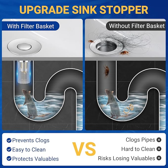 2PCS Bathroom Sink Stopper Strainer, Pop-Up Bathroom Sink Drain Strainer with Removable Stainless Steel Hair Catcher Basket, Universal Fit for US Bathroom Sinks, Bathtubs, Showers & Floor Drains